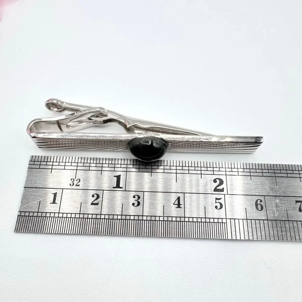 Vintage Swank Gray Tiger’s Eye Cufflink Tie Bar Set Silver Tone Dapper Formal